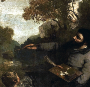 Courbet works on his landscape, painting a tree.