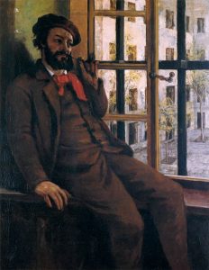 Smoking a pipe, Courbet is sitting in his jail cell. He wears a beret and a red scarf.