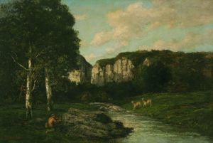 A vast painted landscape with dark green tones. A hunter watches two wandering deer within a lit valley. A river runs through.