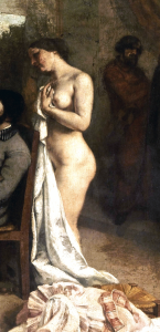 The nude model clutches a tapestry, covering most of her lowing half.