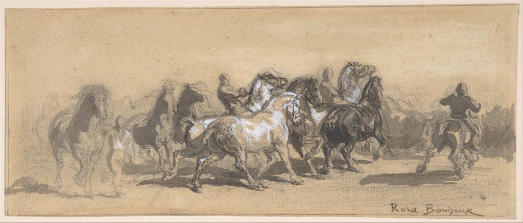 A sketched study for the Horse Fair etching the forms of the horses. The shading and physiology of the horses is intensely detailed.