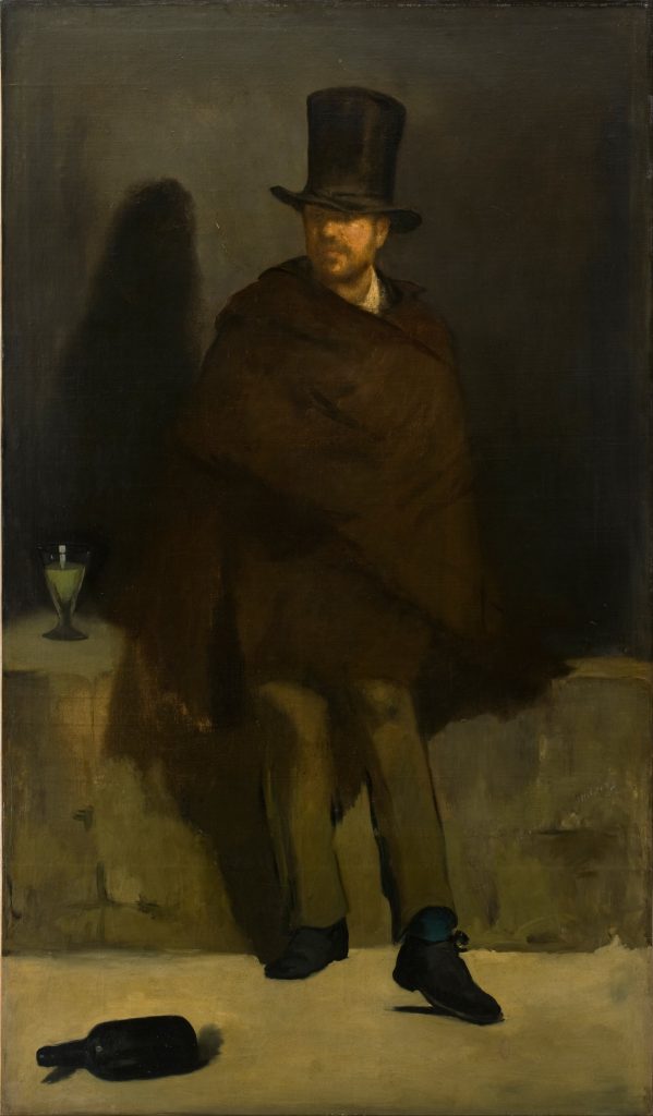 A cloaked man in a top hat, leaving a shadow on the wall behind him. A glass of absinthe is on his left, and a presumably empty bottle is on the floor.