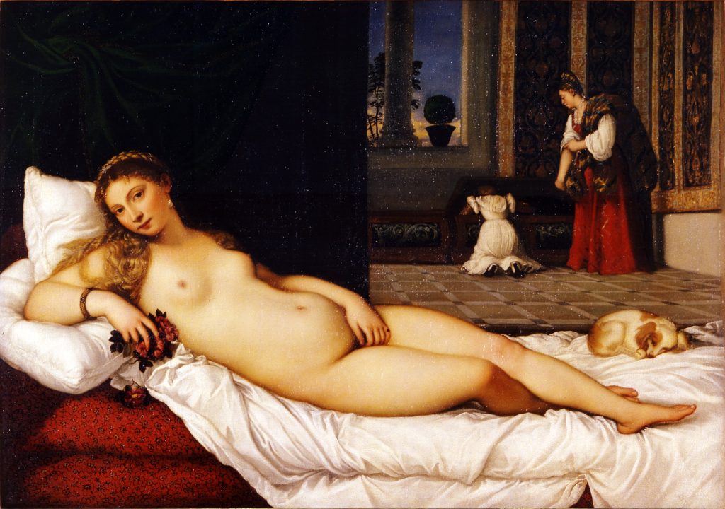 A reclining woman is nude in a classical setting, there are servants in the background. A dog is on the bed upon which she lays, and her hair perfectly caresses her figure.