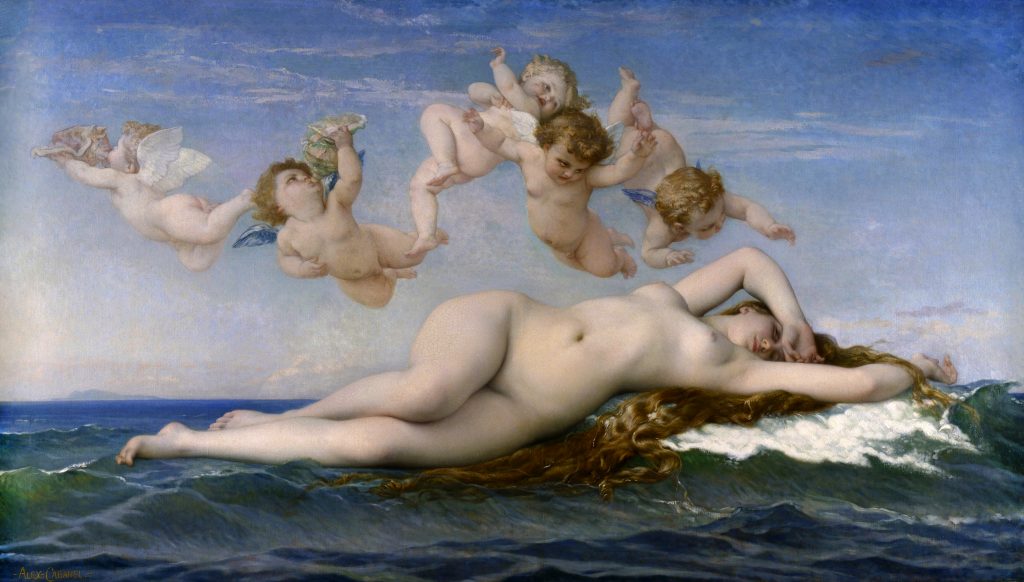 Elbow over her face, a nude woman peers at us from the ocean upon which she lays. Five cherubic angels encircle her.