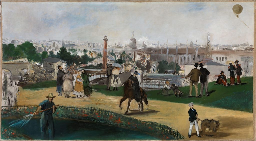 A green field is filled with aristocratic figures speaking to one another. One rides a horse. A gardener waters a flowerbed. In the background, the city of Paris.