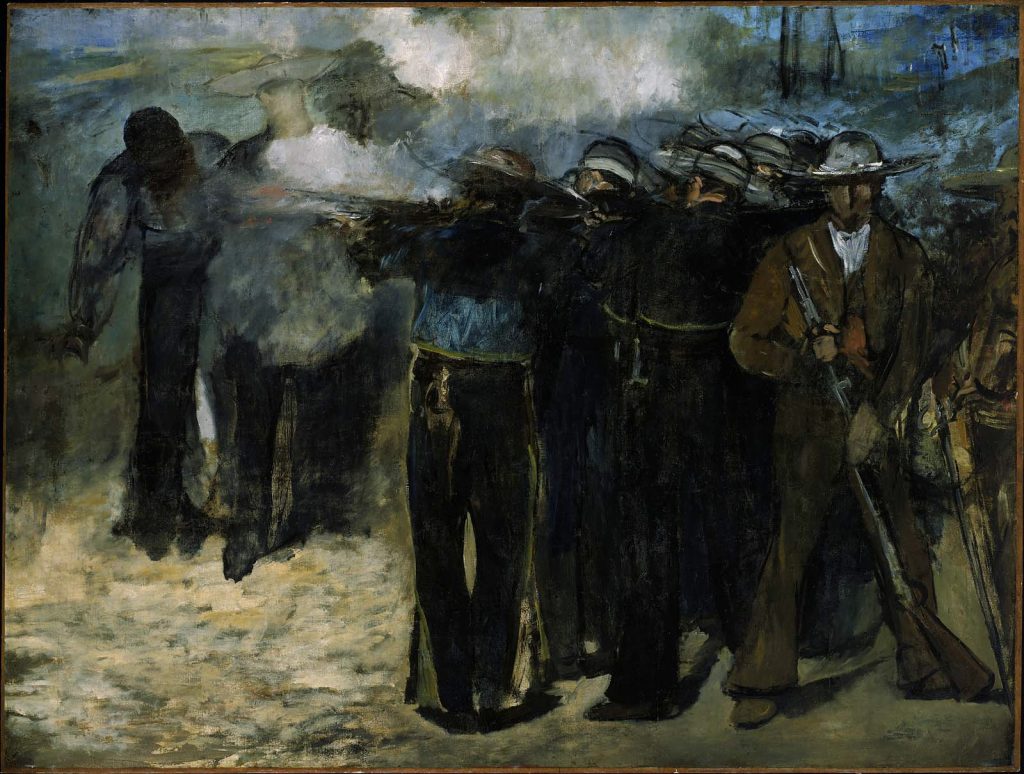 The execution of Maximilian in vague painterly strokes. The smoke from the rifles swirls around the executed figures.