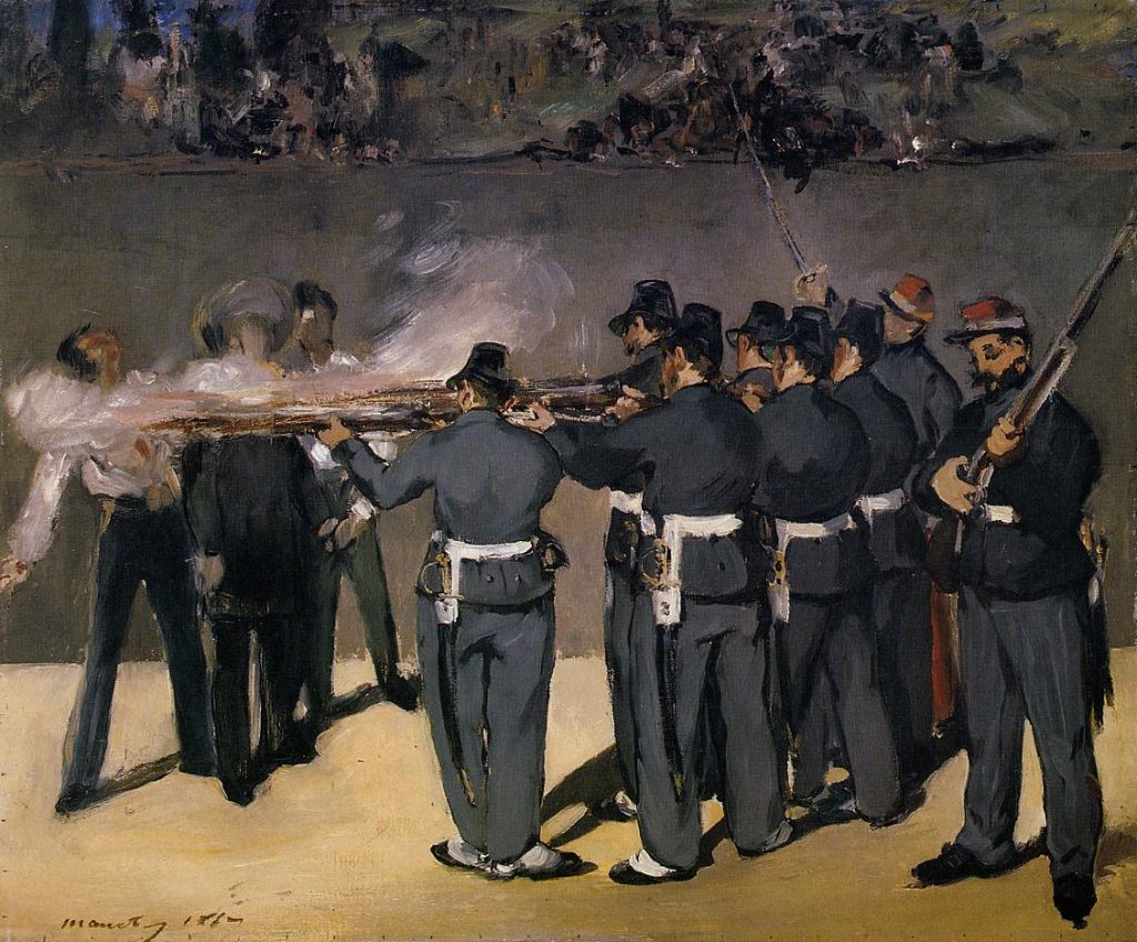 The execution of Maximilian in vague painterly strokes. The smoke from the rifles swirls around the executed figures.