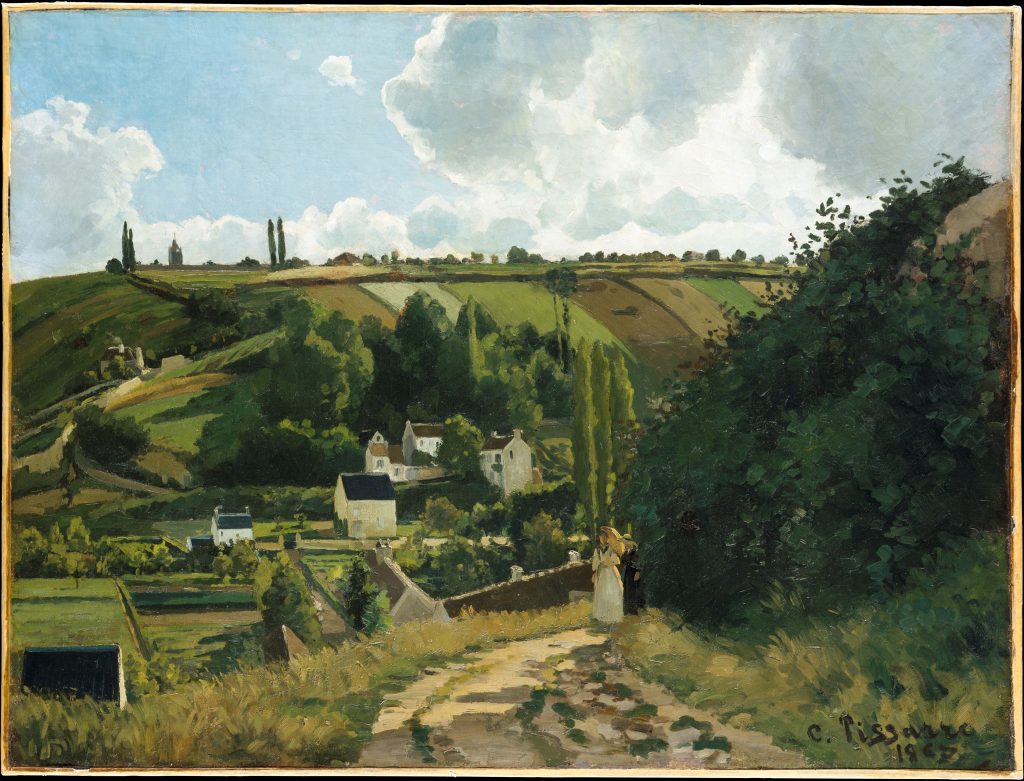 A landscape portrait of a small valley village, before a wide blue sky. Pissarro makes use of many lines and natural geometries.