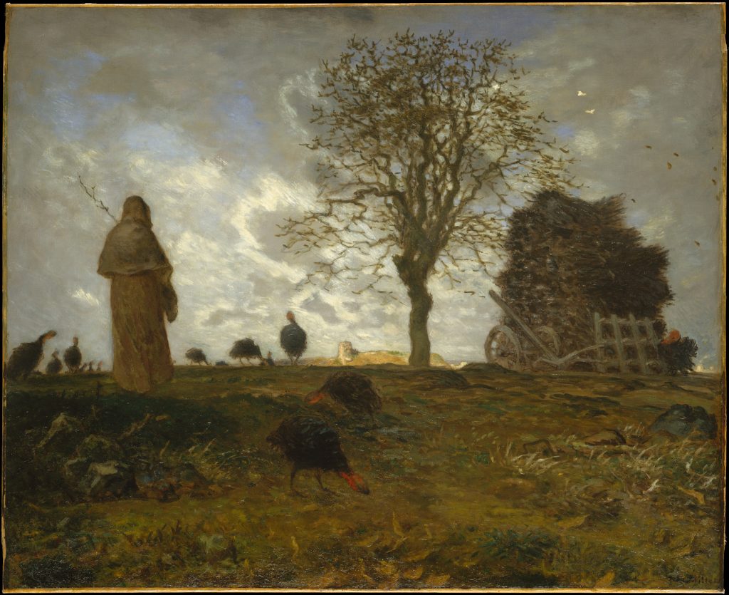 A somber scene of a farmer, covered by his robe, tending to a flock of turkeys before a tree without leaves.