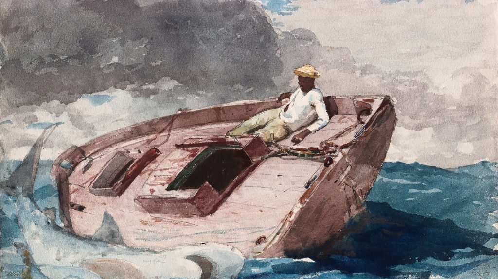 A red coloured ship tips towards the sea, a shark's body on the surface. A black man rests on the raised portion of the deck.