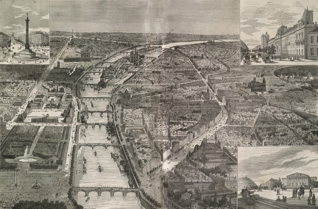 An engraving of an aeriel view of Paris. We see the central island of Paris within the Seine, and small vignettes of notable landmarks framed in the corners of the print.