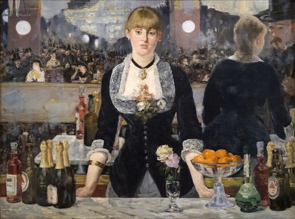 A barmaid stands at the counter before an aristocratic crowd of people. Behind her is either a mirror (although her reflection would be missing), or another portion of the room.