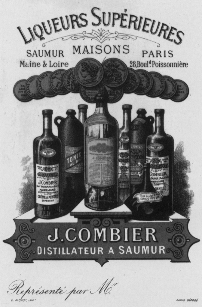 A J. Combier advertisement for liquour featuring multiple bottles. 'Superior Liqueur'.