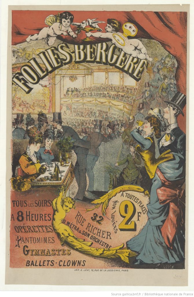 A poster print advertisement for the Folies-bergère displays crowds of aristocratic drinkers huddle in a theatre. Stylized cherubs lay on the text.