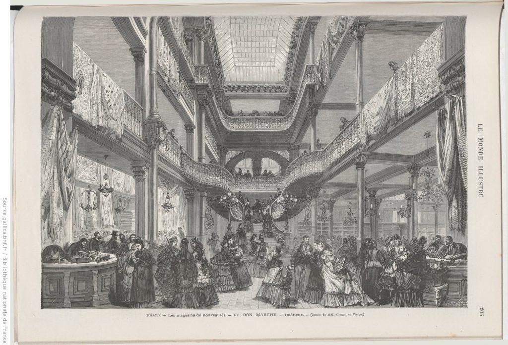 An immense parisian store is filled with aristocratic crowds discussing and walking the halls. There are three stories to the building and a ceiling window contained within this print.