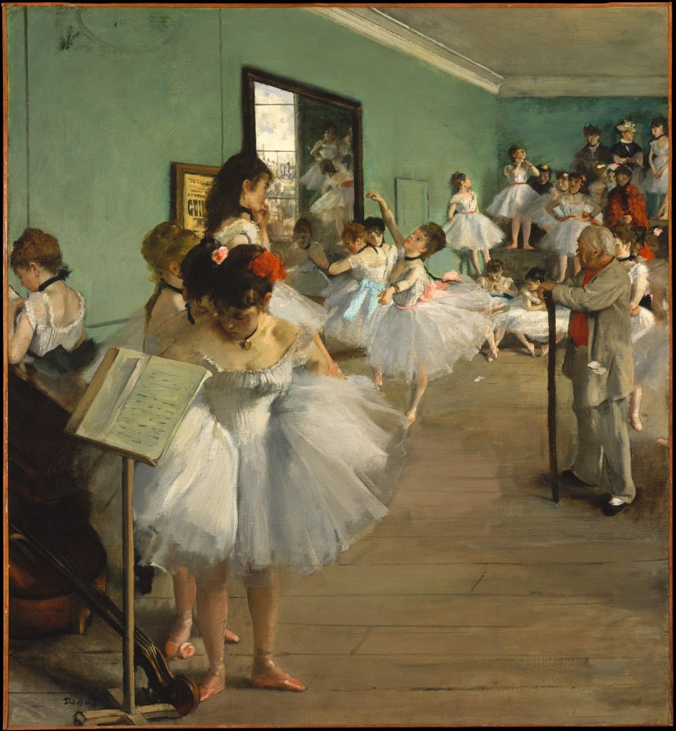 A recital of a ballet performance by numerous young dancers. Older dancers accompany, and an old man overlooks.