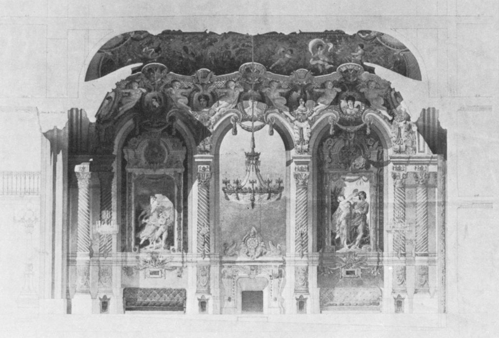 A graphite drawing of an illustriarch arch featuring sculpted mythical figures. The arch frames a luxurious chandelier and couches.