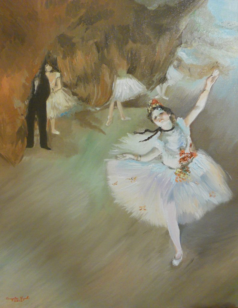 A blurry scene of a young ballet dancer in a stride as the background turns to brush strokes behind her. She is pale, in a white costume.