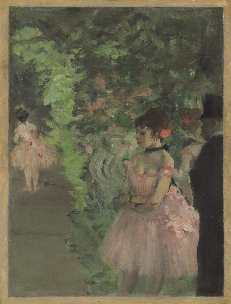 Loose brushstrokes show a ballet dancer, flanked by an aristocrat. The background is vibrantly green and swirls around other dancers and possible stage decor.