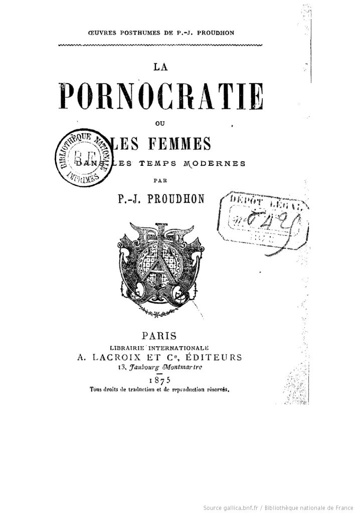 A formal sigil holding an A is placed in the centre of this book's cover. Proudhon's publication emerged from Paris.