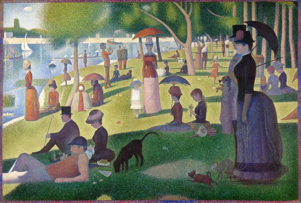 A scene at a parc coast composed of precise dots. All are clad in fashionable parisian clothes.