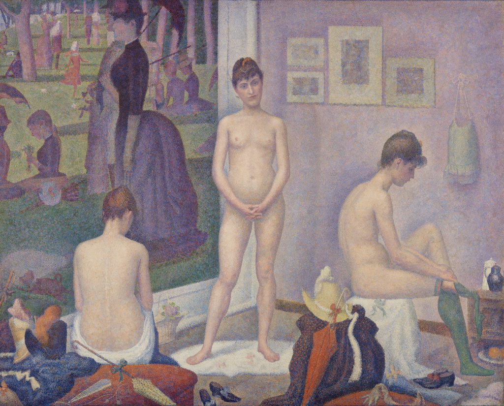 Three nude women sitters in a studio, to the left of the canvas is a receation of 'A Sunday Afternoon on the Island of La Grande Jatte'. They are identical, two in repose while one stands and looks forward.