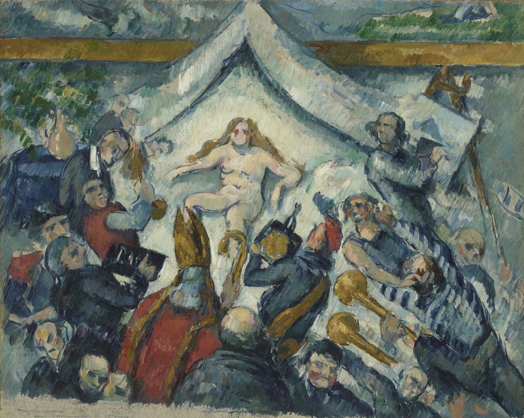 In crude brushstrokes, a nude woman lays, in a white veil, surrounded by a veritable orchestra of musicians, religious figures, and peering men. A mountainous landscape is behind her position.
