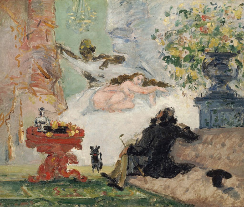 An man in a long black coat and by a discarded hat, clutching a cane, peers upwards at a nude woman on linens. A coloured maid tends to her. The piece is made up of imprecises brushes of paint.