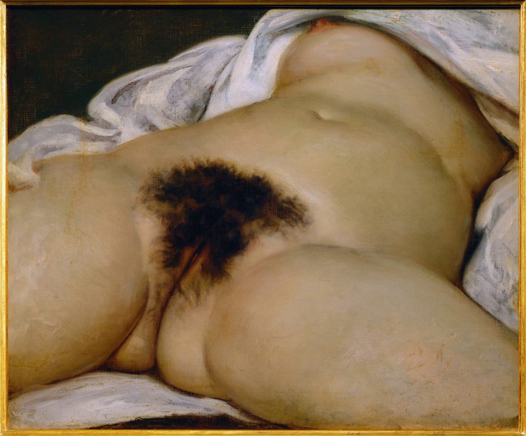 A nude woman, seen from the breasts to right above the knees, is exposed to us entirely nude and in great detail. She lays on white linens, with nothing but pubic hair covering her genitals.