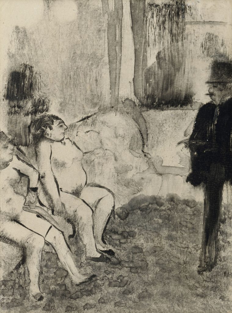 A graphite sketch of two nude women on a couch, placed in opposition to a standing man clad in a suit.