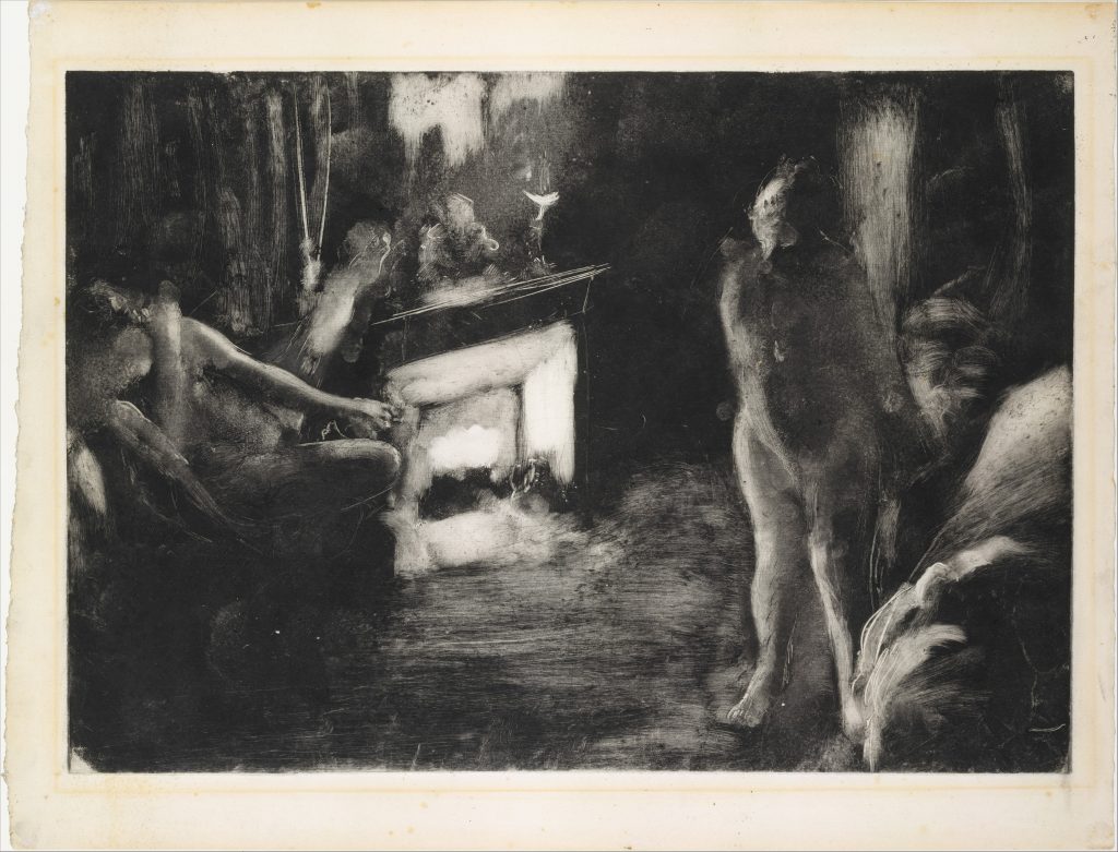 A dark scratched drawing of nude women figures silhouetted against the fire in a salon.