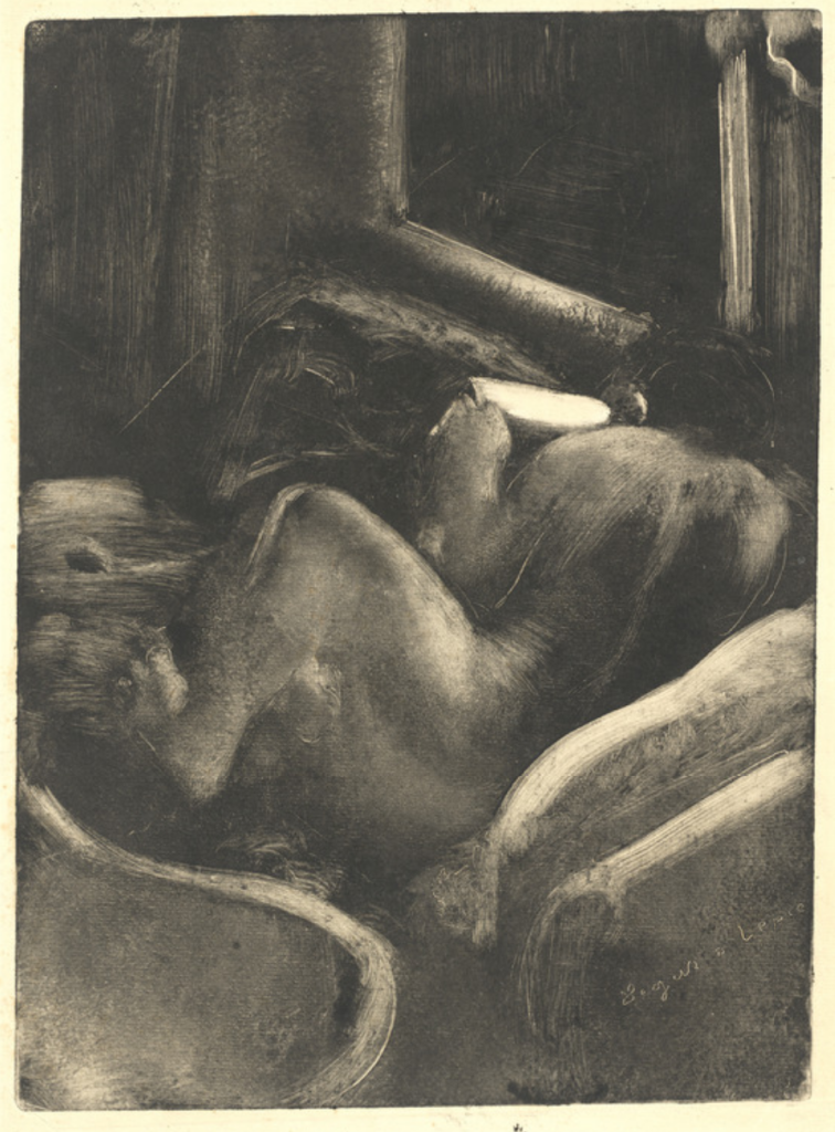 A graphite silhouette of a woman, backside to us, reading on a couch. None of her features are accessible.
