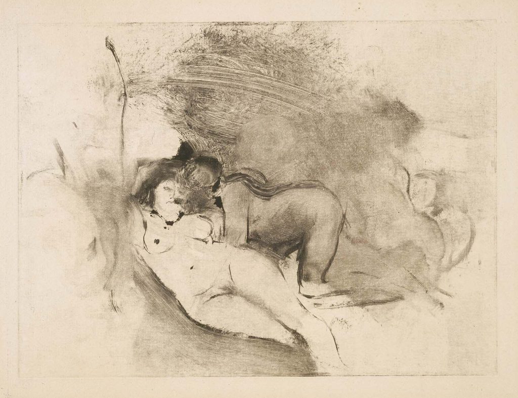 A rough monotype print two women, one lounged on her back, embracing each other. Graphite is smudged across the page.