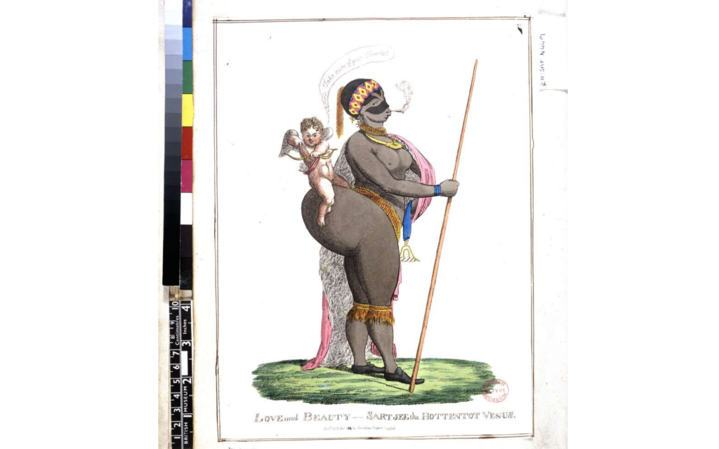 A coloured etching of a woman, distorted into racial carciature, with a cherubic archer sitting on her backside.