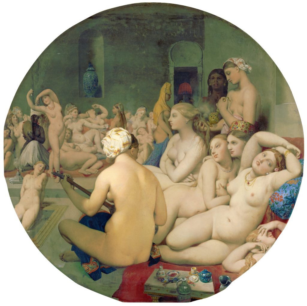 A collected group of nude women, most pale, huddle around a pool in an ornate oriental bathhouse.