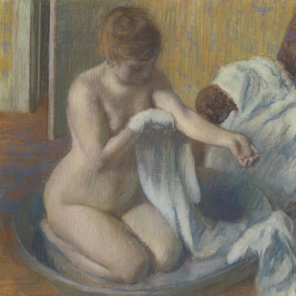 A nude woman is on her knees bathing herself at the center of her room.