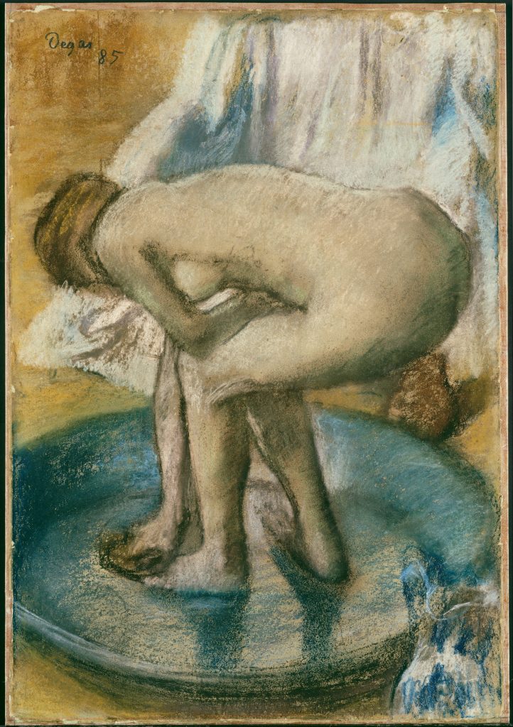A pastel figuration of a nude woman bathing herself, folding over to wet a cloth. Her facial features are out of view.