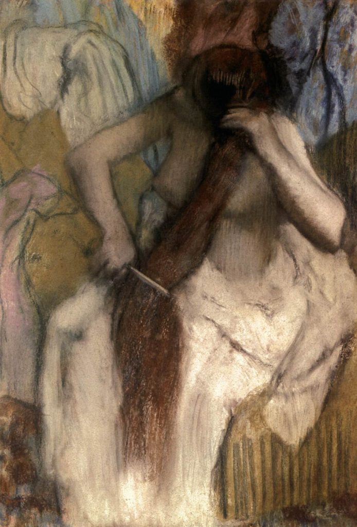 A watery painted nude woman combs her long brown hair, obscuring her face. She is covered, from the waist down, by a white sheet.