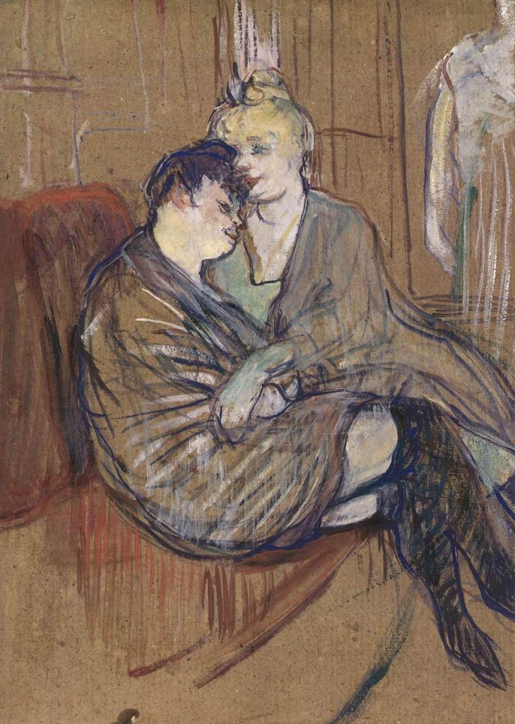 An incomplete sketch, without detailed background, of two women in robes embracing each other on a sofa.