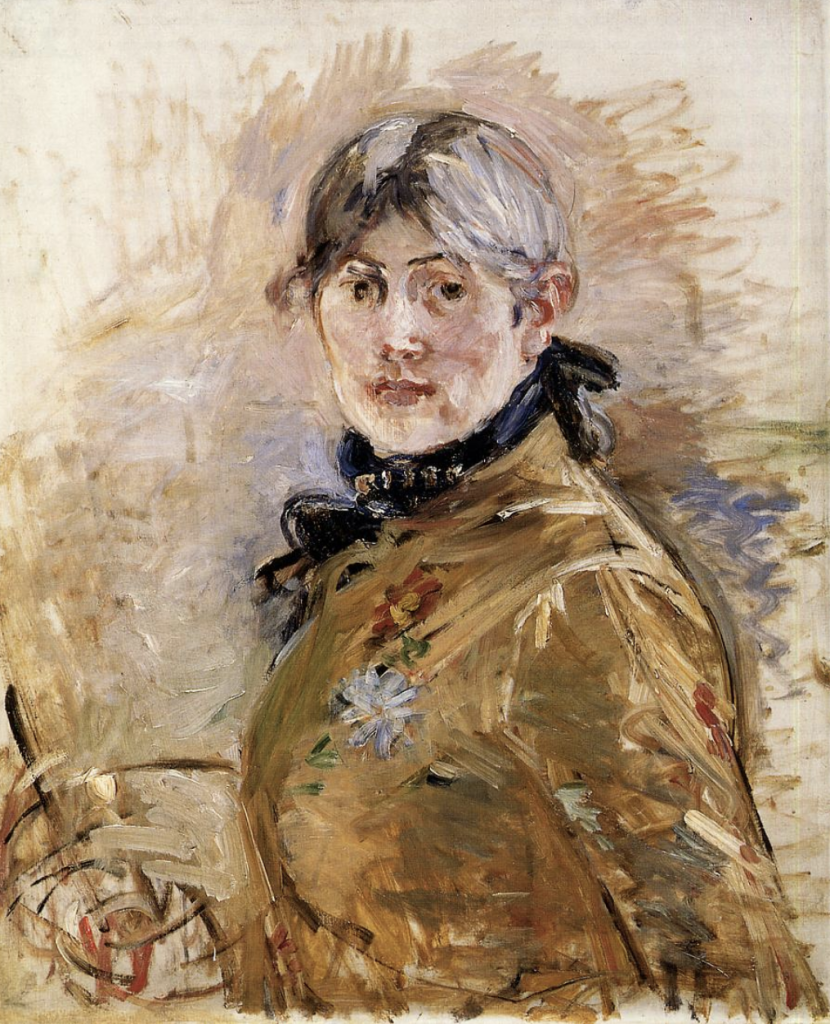 A portrait of a woman made in thick loose brush strokes. She wears a beige top, with a pale flower by the heart.