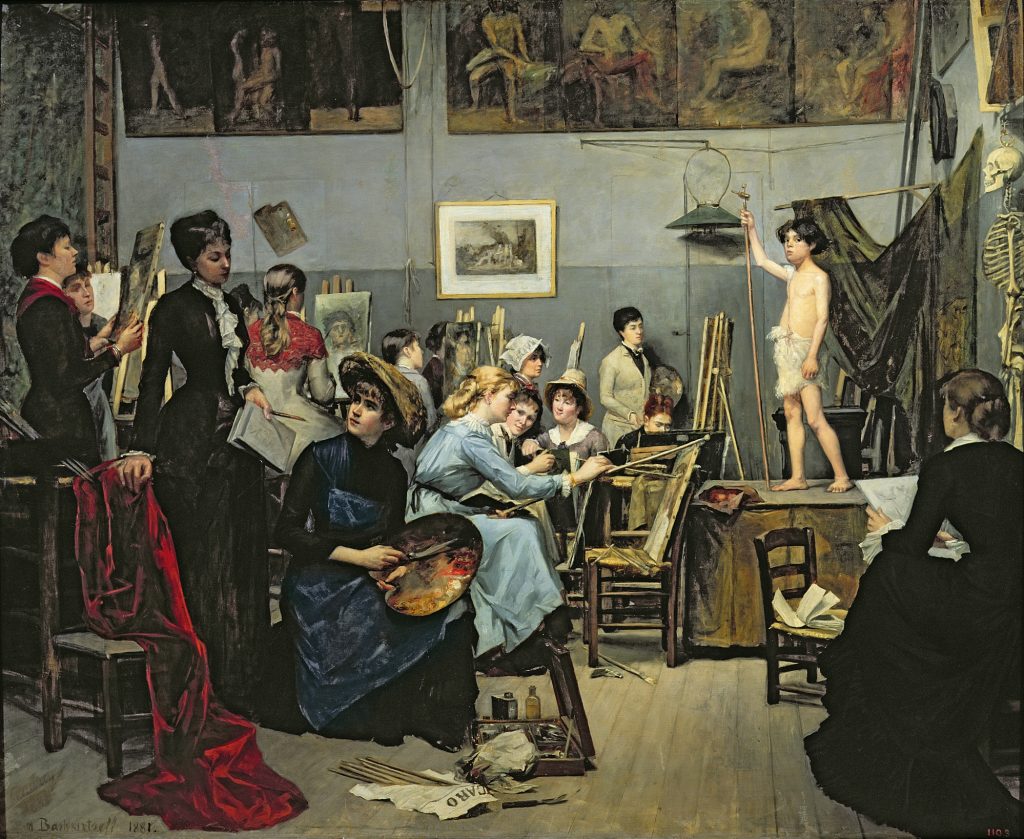 Woman painters crowd a studio figure drawing session. The subject is a young boy clad in only a loin cloth and cluthing a staff.