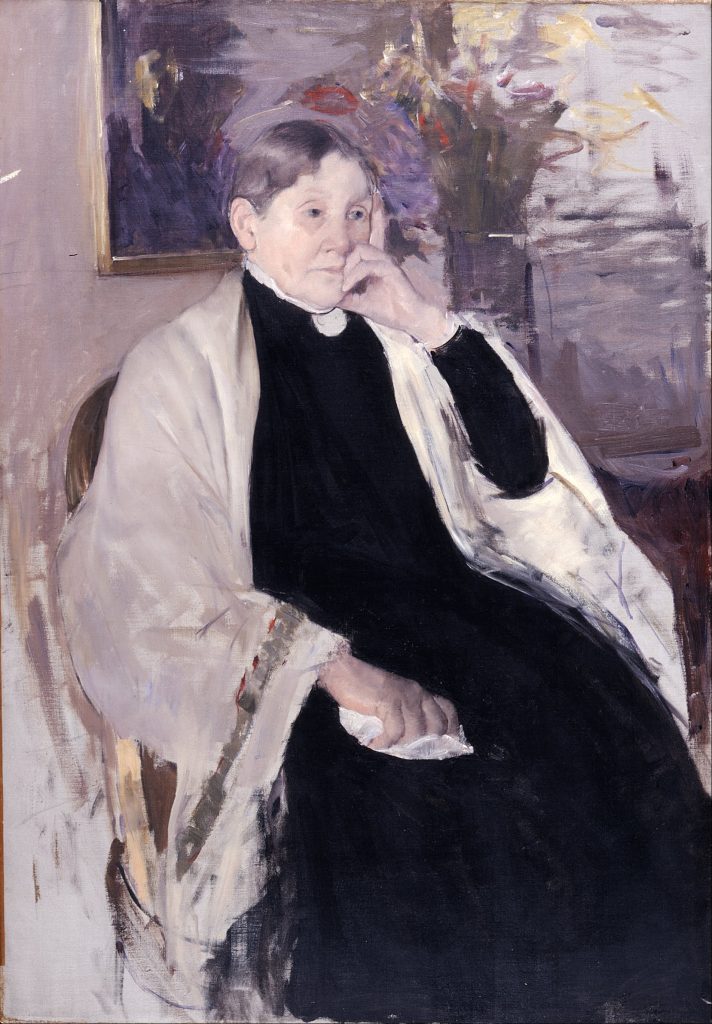 An elderly woman rests in a chair, her hand thoughtfully posed against her cheek. Flowers and a painting intertwine behind her.