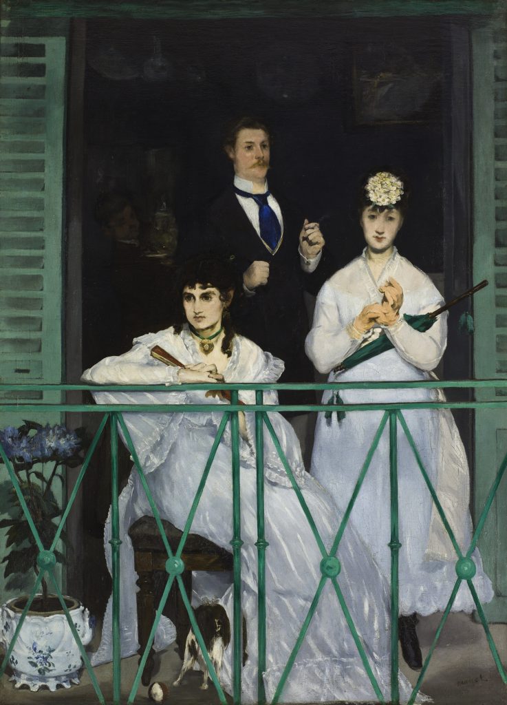 Three figures haphazardly look out from a balcony, two are woman in dresses while the third, standing individual, is an aristocratic man in a formal suit. We merely get a darkened impression of the house's interior.
