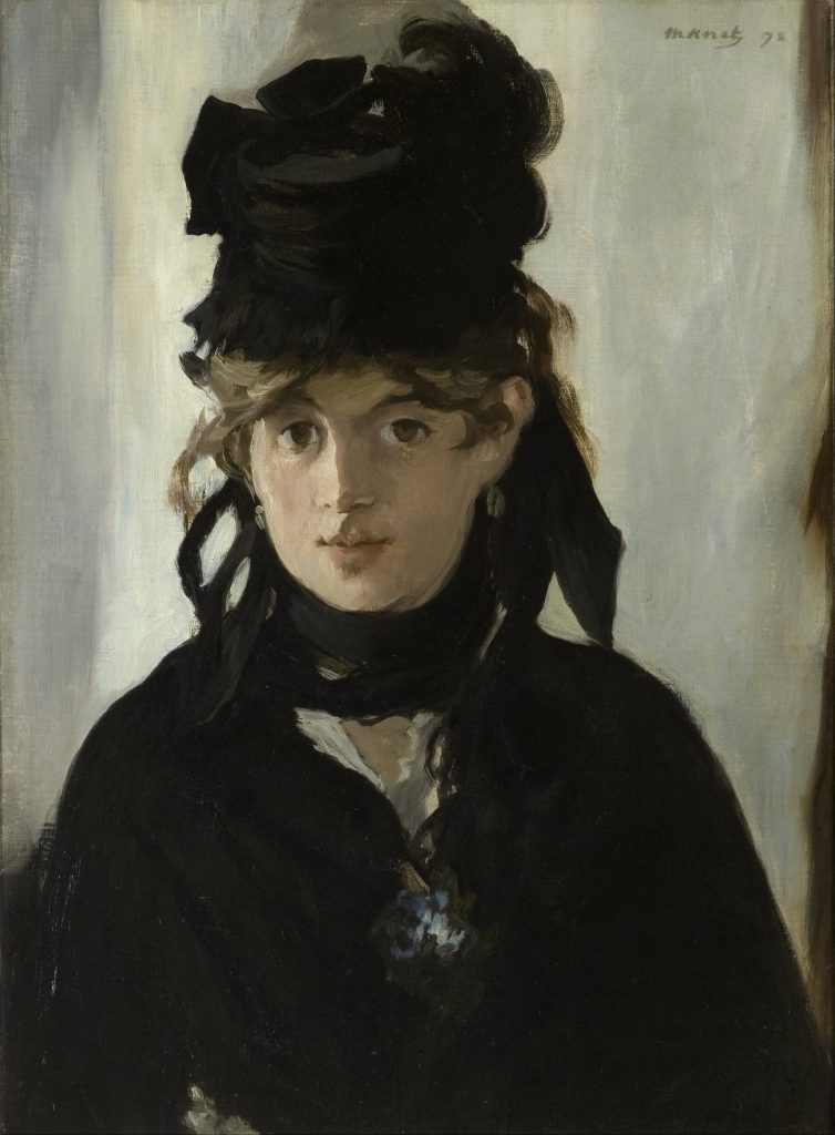 A blurry portrait of Morisot in a black dress and a black hat, her lips pursed into a small smile.