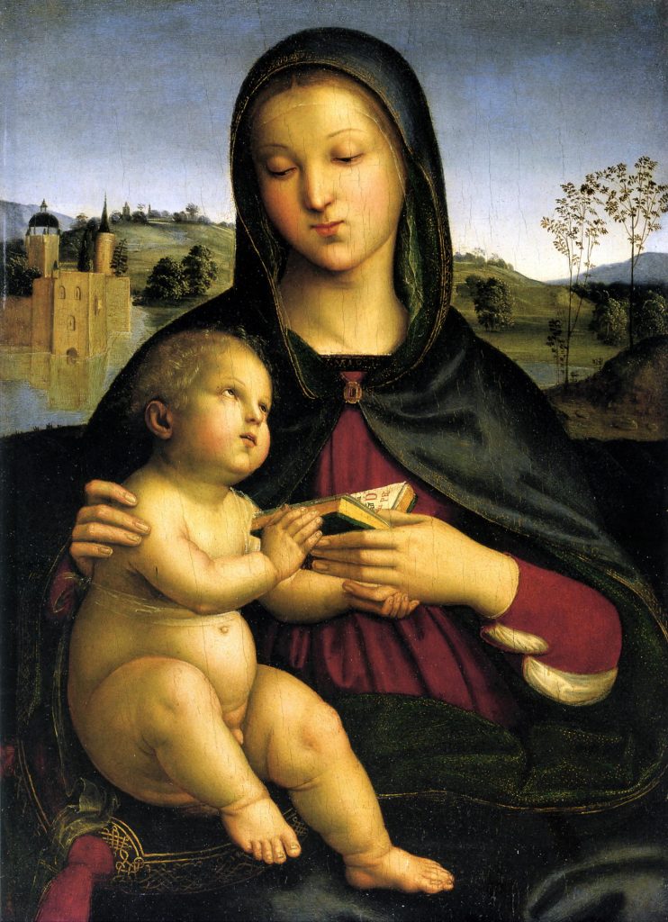 A classical rennaissance madonna tends a book towards a naked infant that returns her gaze. A castle lays on the otherwise natural landscape behind them.