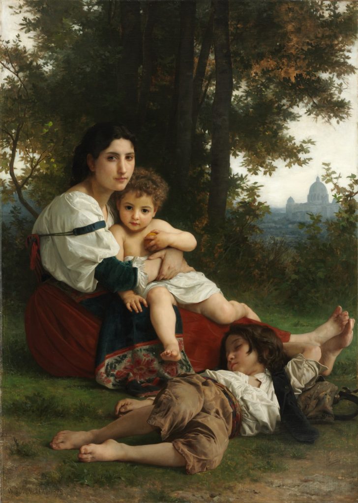 A woman in a red skirt and white shirt tends to two children, one unconscious on the grass, in a forested landscape. A cityscape is emerging from breaks in the leaves..