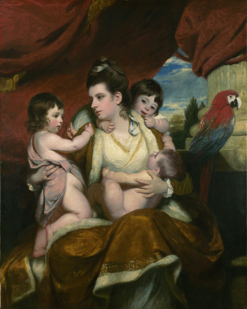 A trio of barely clothed children cling around a formally dressed woman. The room is classically royal and a parrot perches to the right of the painting.
