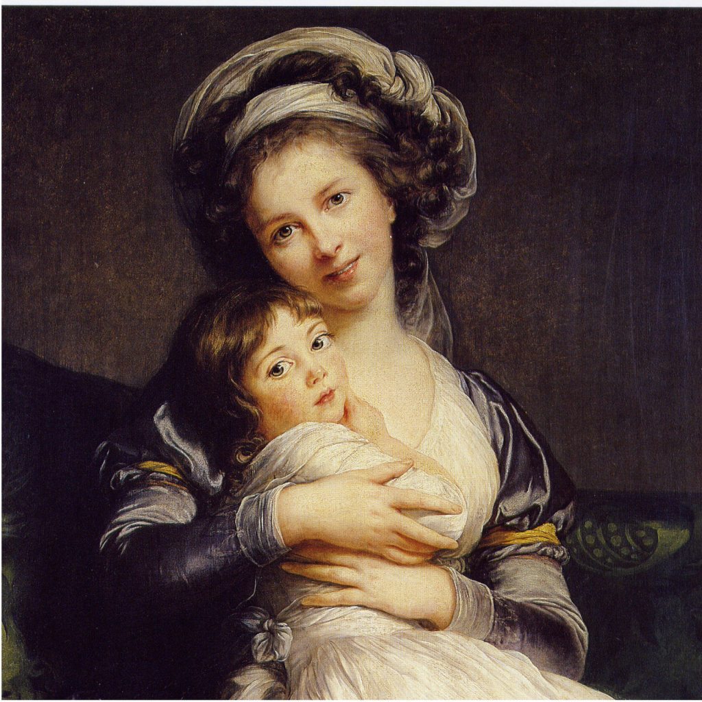A woman with large curly hair, done up in wraps, holds a child that rests against her chest. They both gaze forward.