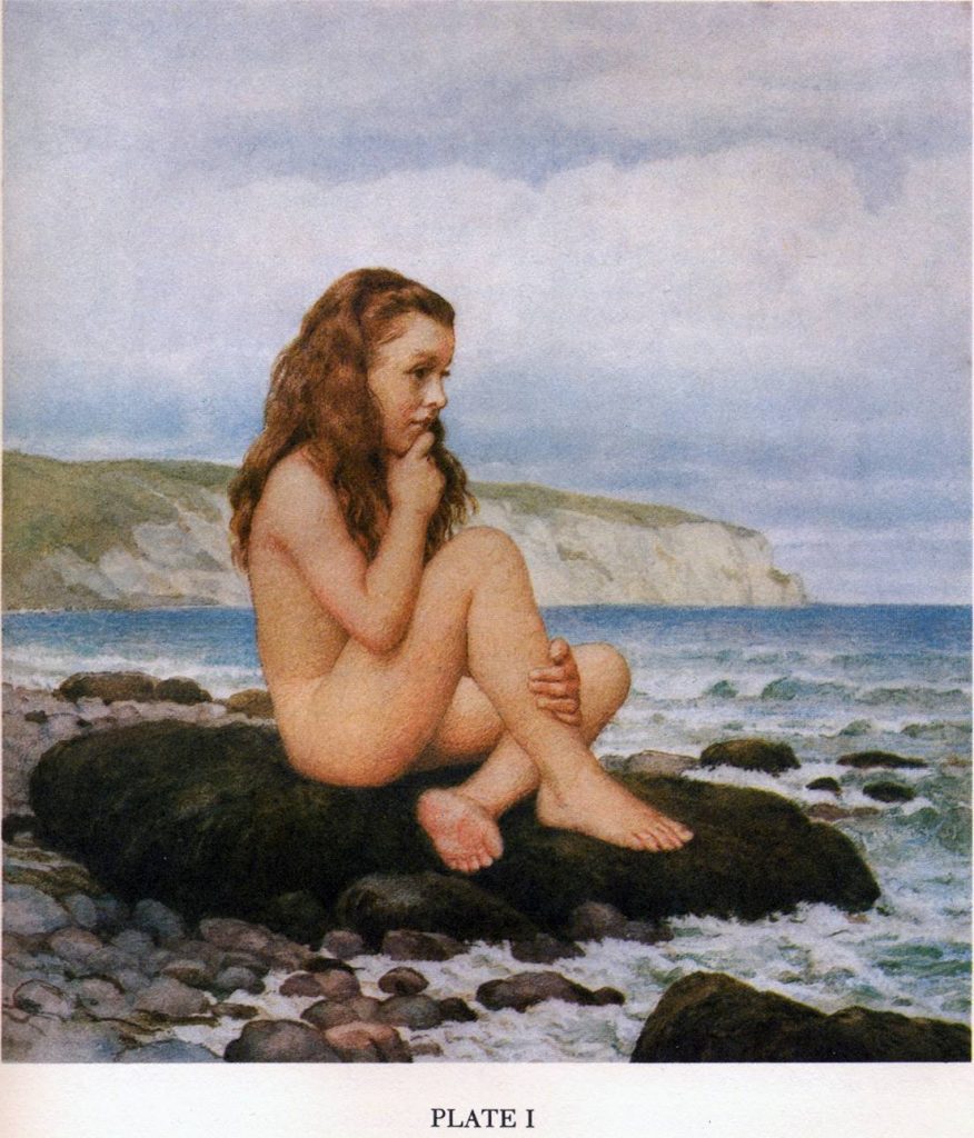 A coloured plate of a photographed little girl, in the nude, sitting on a rock beach with her finger posed against her lips.