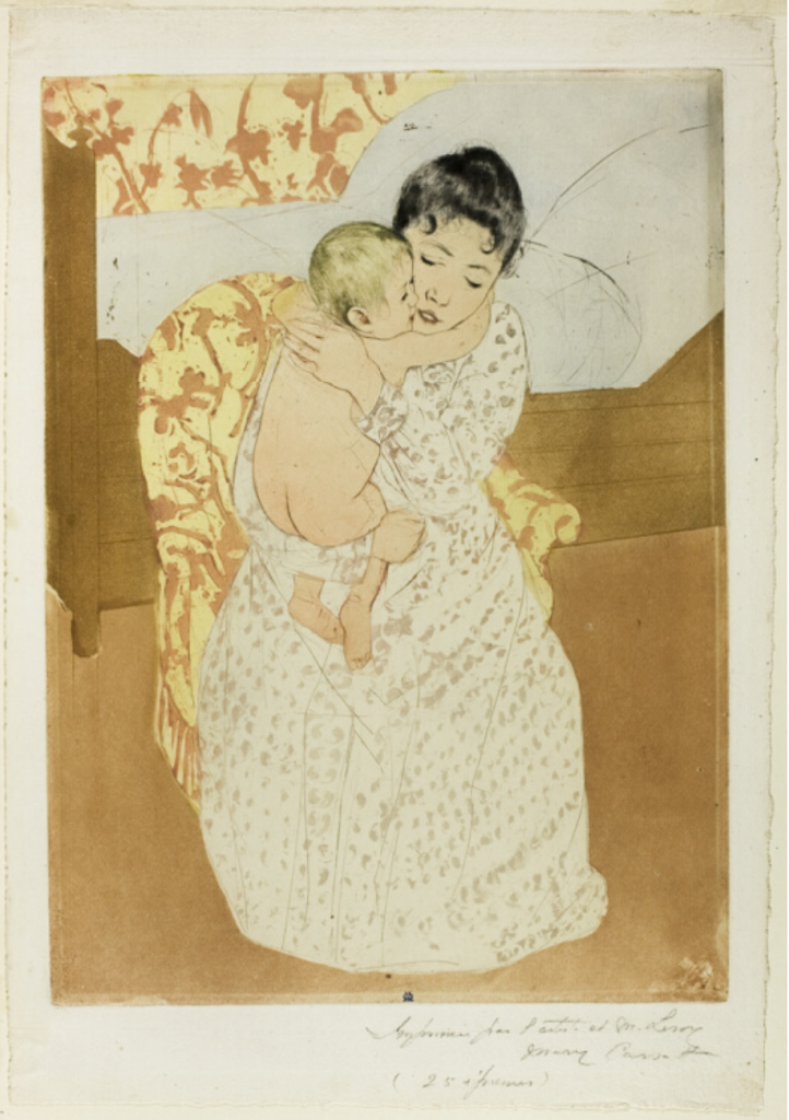 A woman in a fine dress clutches her child in a hug, their cheeks touching. She is in a bed-room, uniformly patterned.